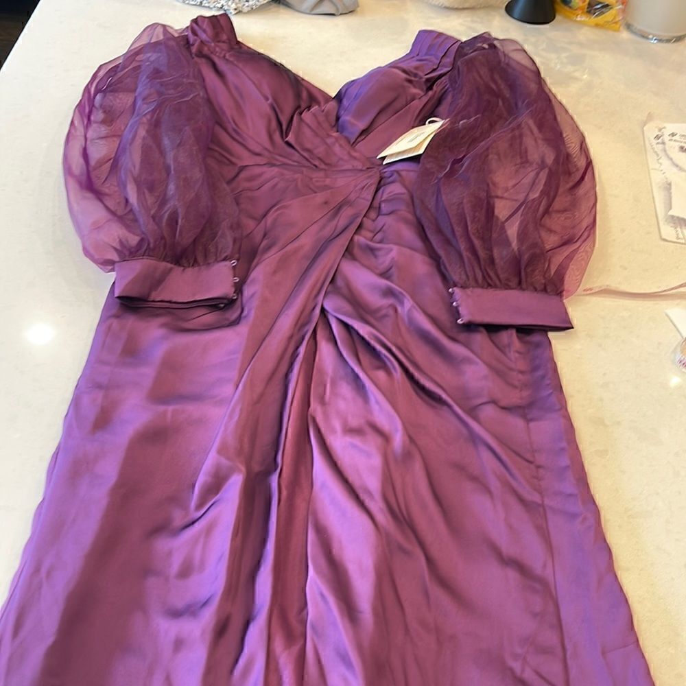 TS Couture women’s dress size Med, new with tags  long sleeve sheet eggplant.